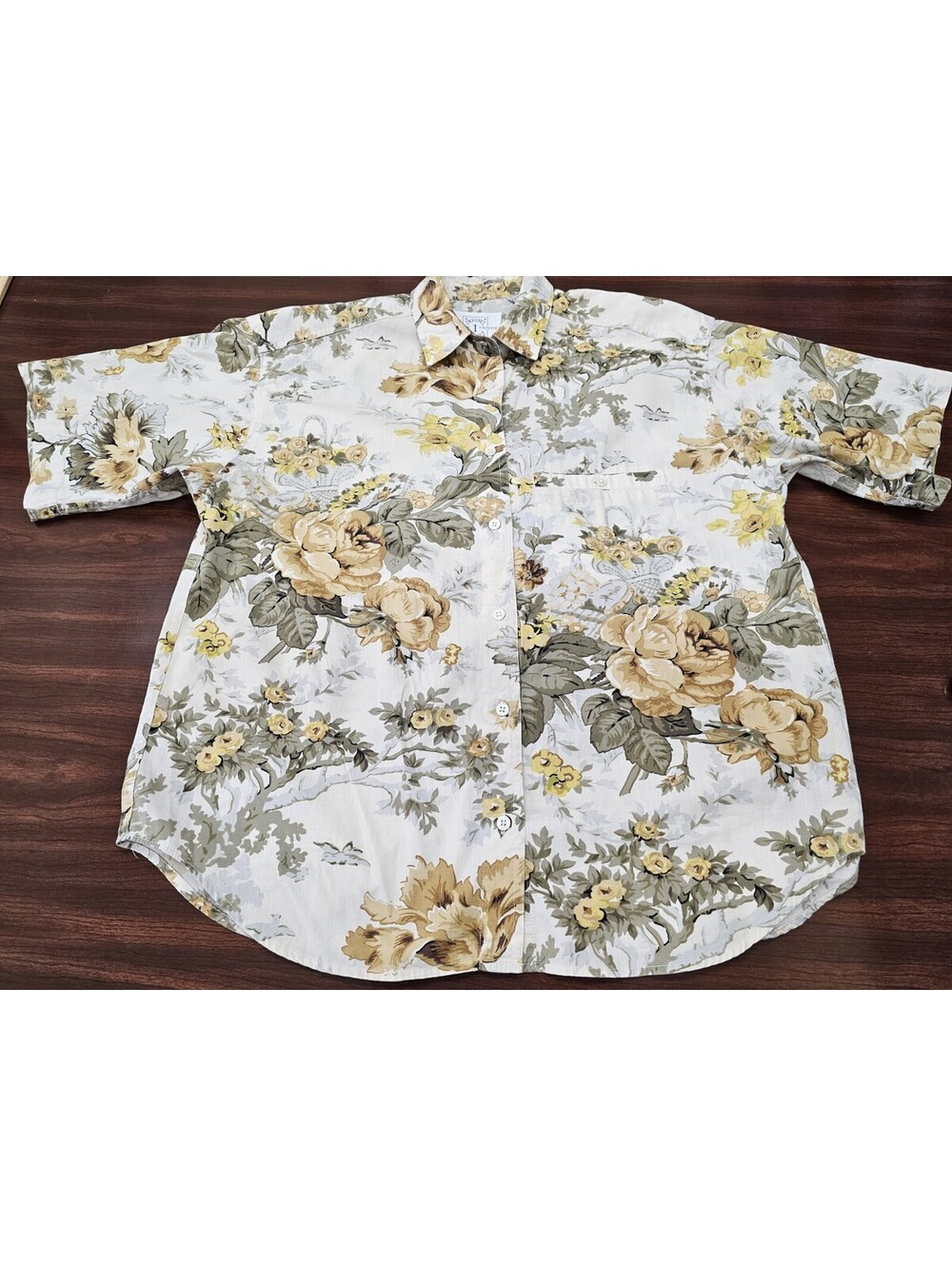 Vintage First Issue Mens Floral Button Up Shirt Medium Beige Yellow Cottagecore